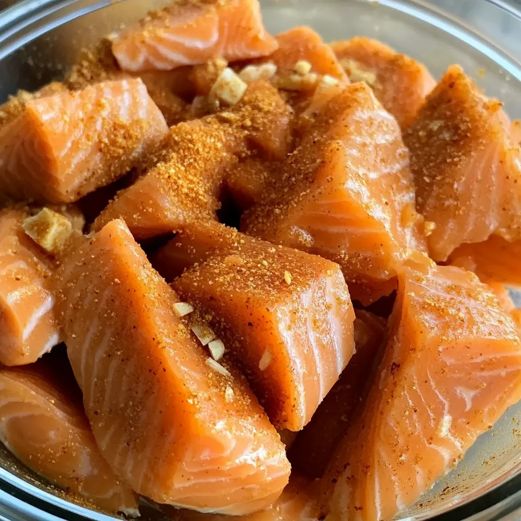 High-angle close-up view of a glass bowl filled with salmon.