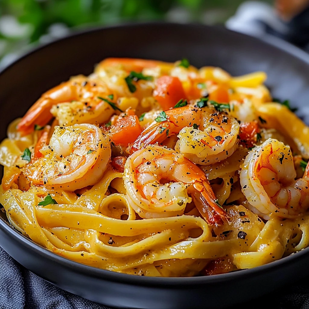 Tasty Caribbean shrimp pasta with smooth sauce, juicy seafood, and bright veggies.