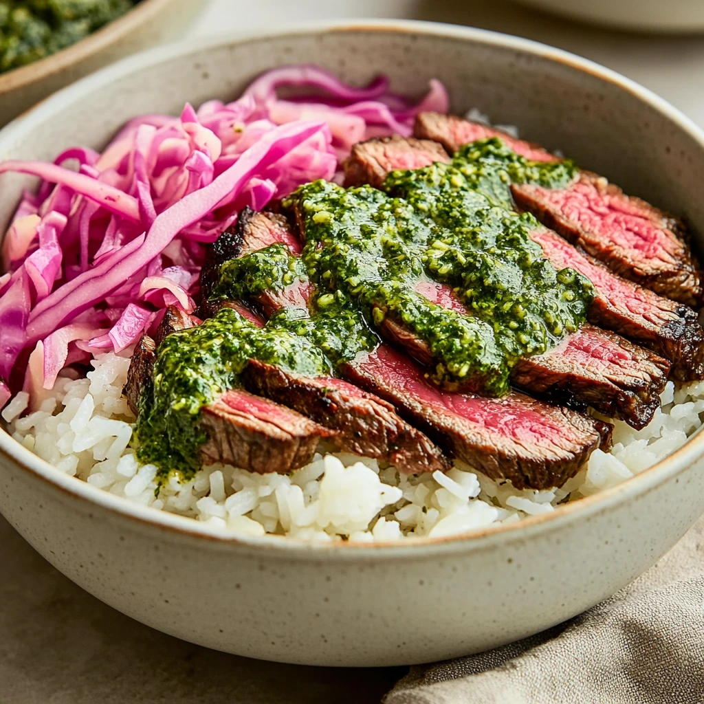 A tasty skirt steak bowl with rice and green chimichurri sauce on top.