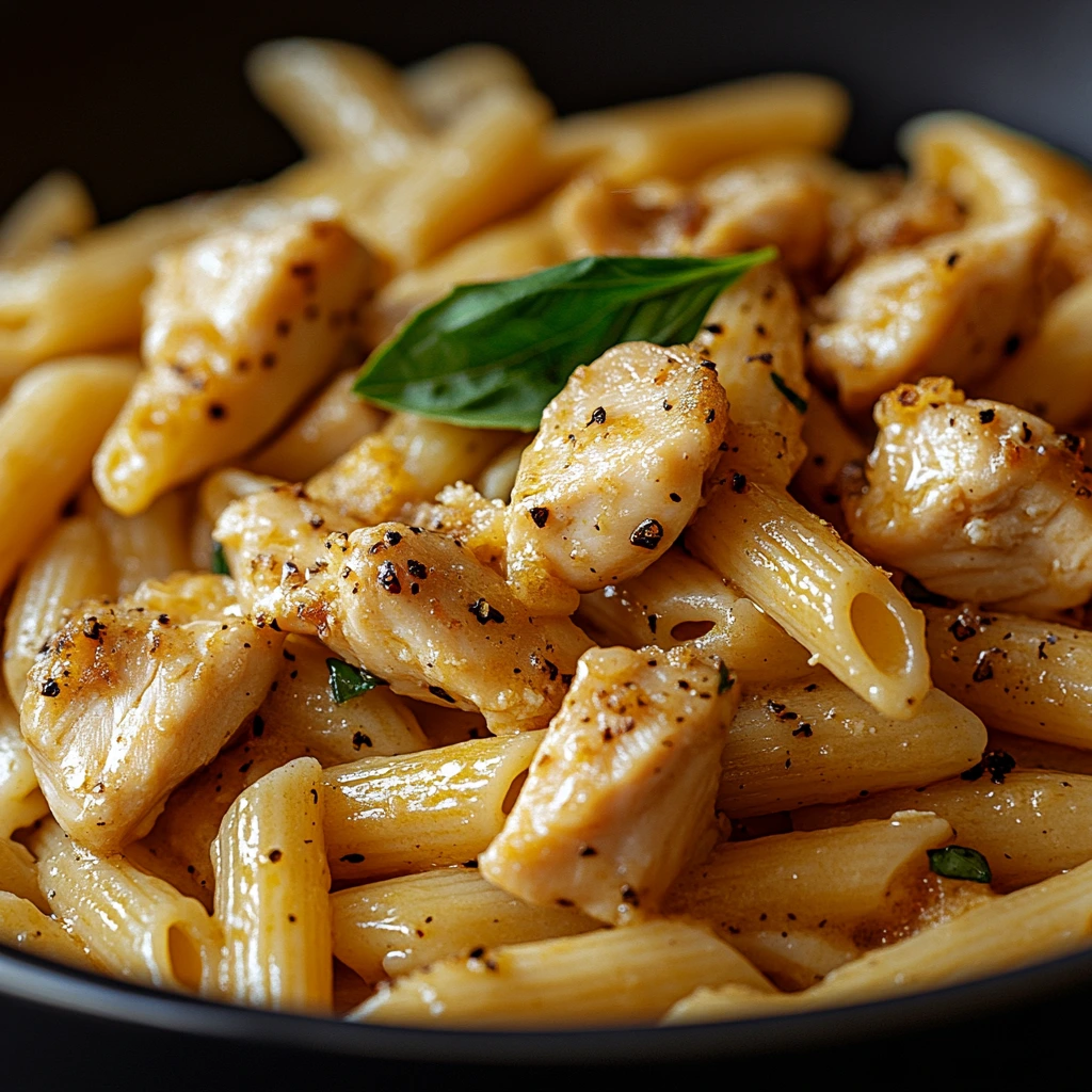 Bowl of honey pepper chicken pasta showing juicy chicken pieces, pasta and tasty sauce ready to eat.