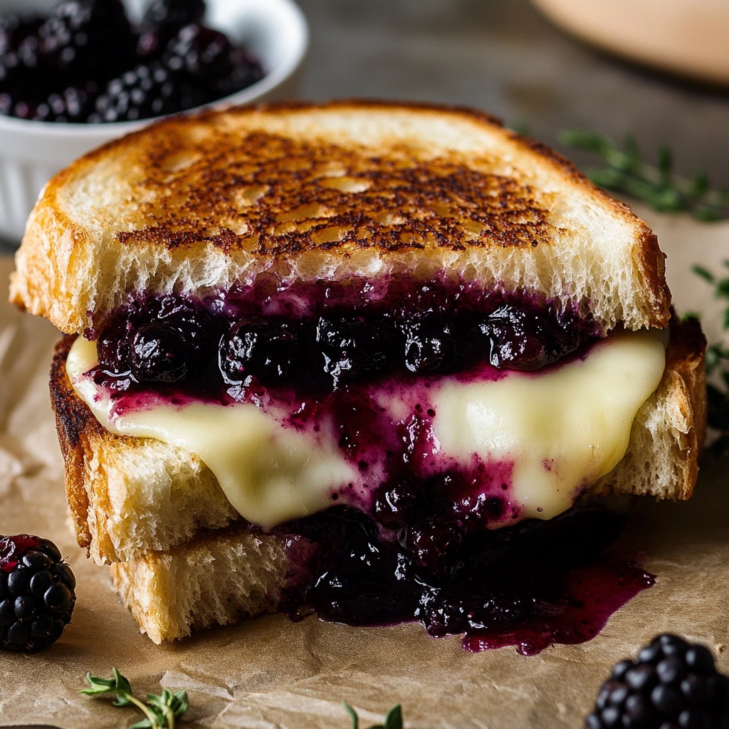 A cheesy toastie with brie and blackberry jam on golden sourdough bread.