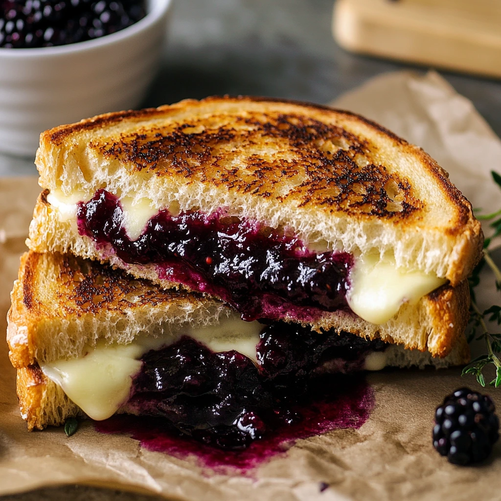 A mouthwatering grilled cheese with gooey brie and blackberry balsamic on golden toasted bread.