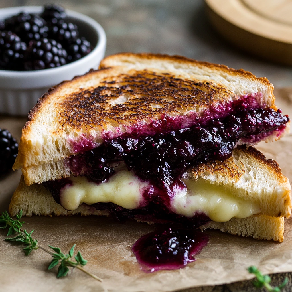 Golden grilled cheese sandwich filled with melty brie and purple-red blackberry balsamic spread.