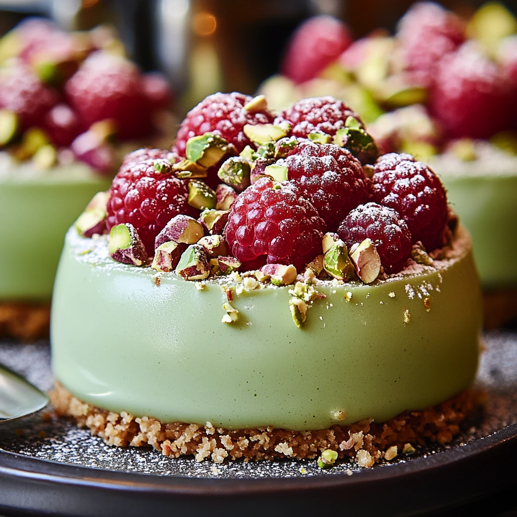 Glossy pistachio domes with raspberry layers and crushed nuts on top.