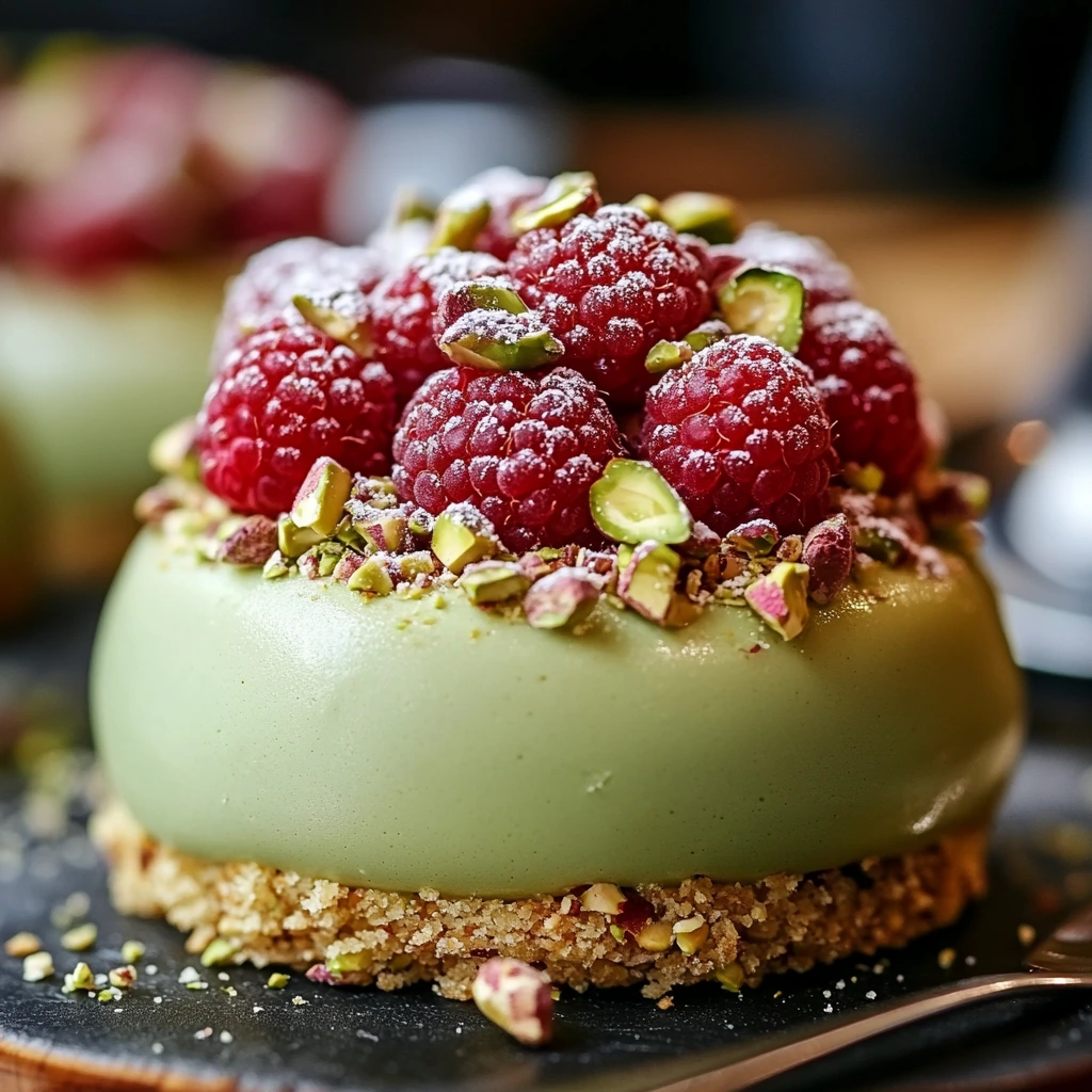 Gorgeous cheesecake domes featuring pistachio cream and bright raspberry centers.