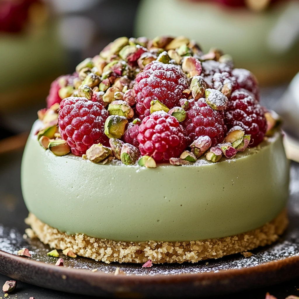 Beautiful pistachio cheesecake domes with bright raspberry centers and shiny finish.