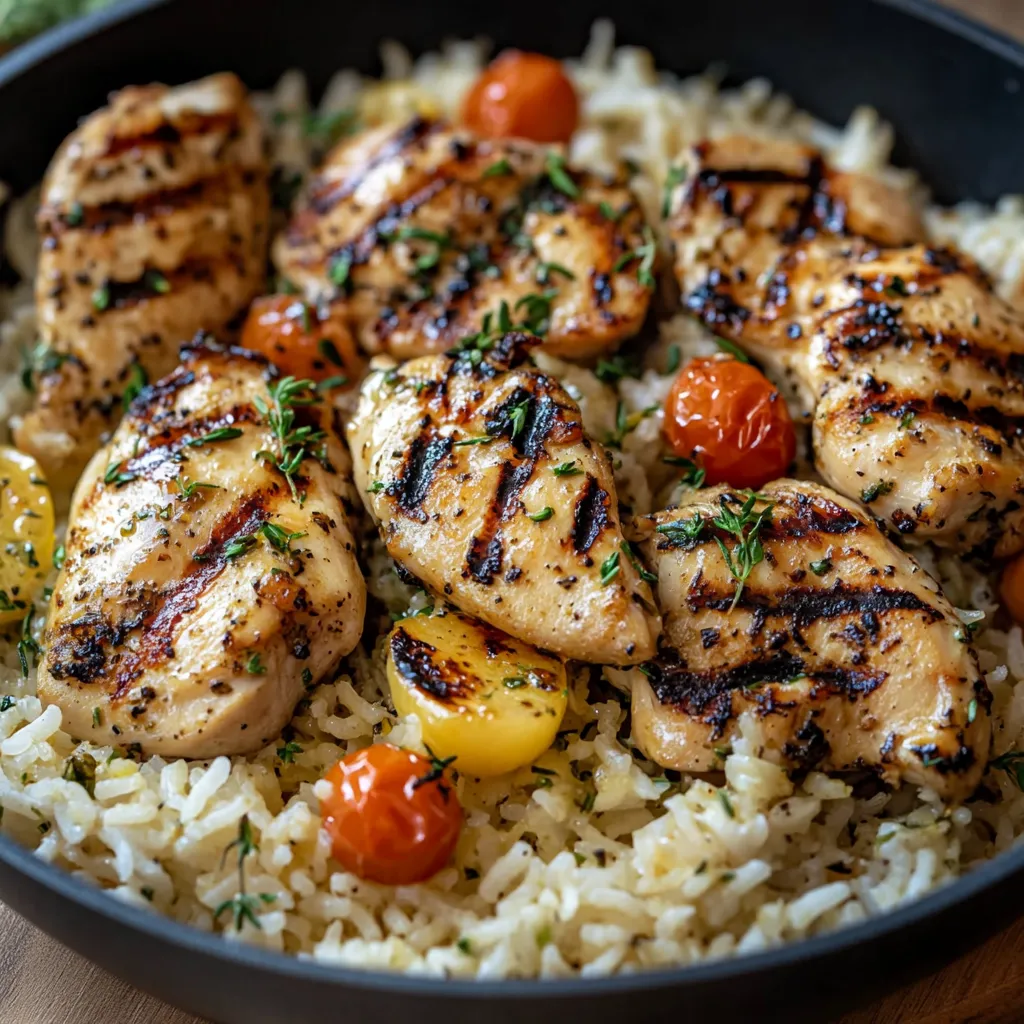 A plate of chicken, rice, and tomatoes.