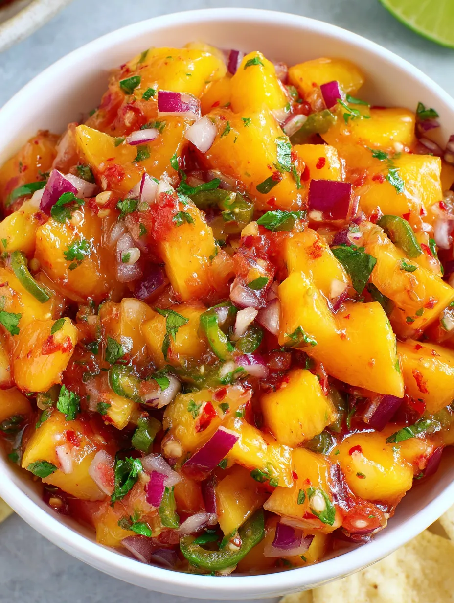 A bowl of sliced peaches with onions and spices.