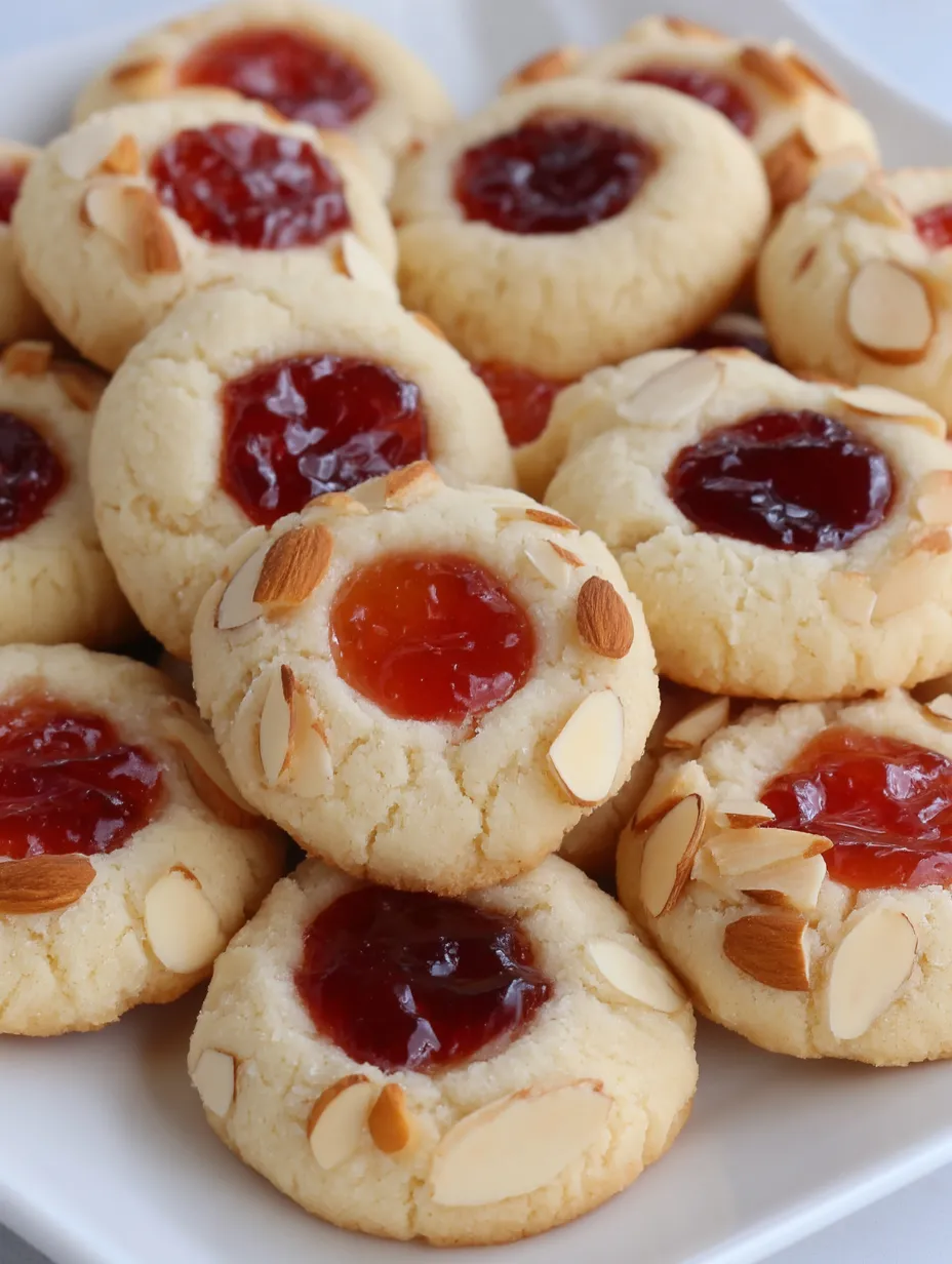 A plate of cookies with jam in the middle.