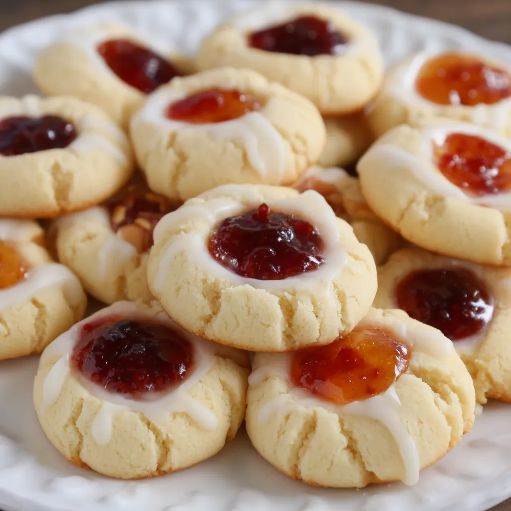 A plate of cookies with jam in the middle.