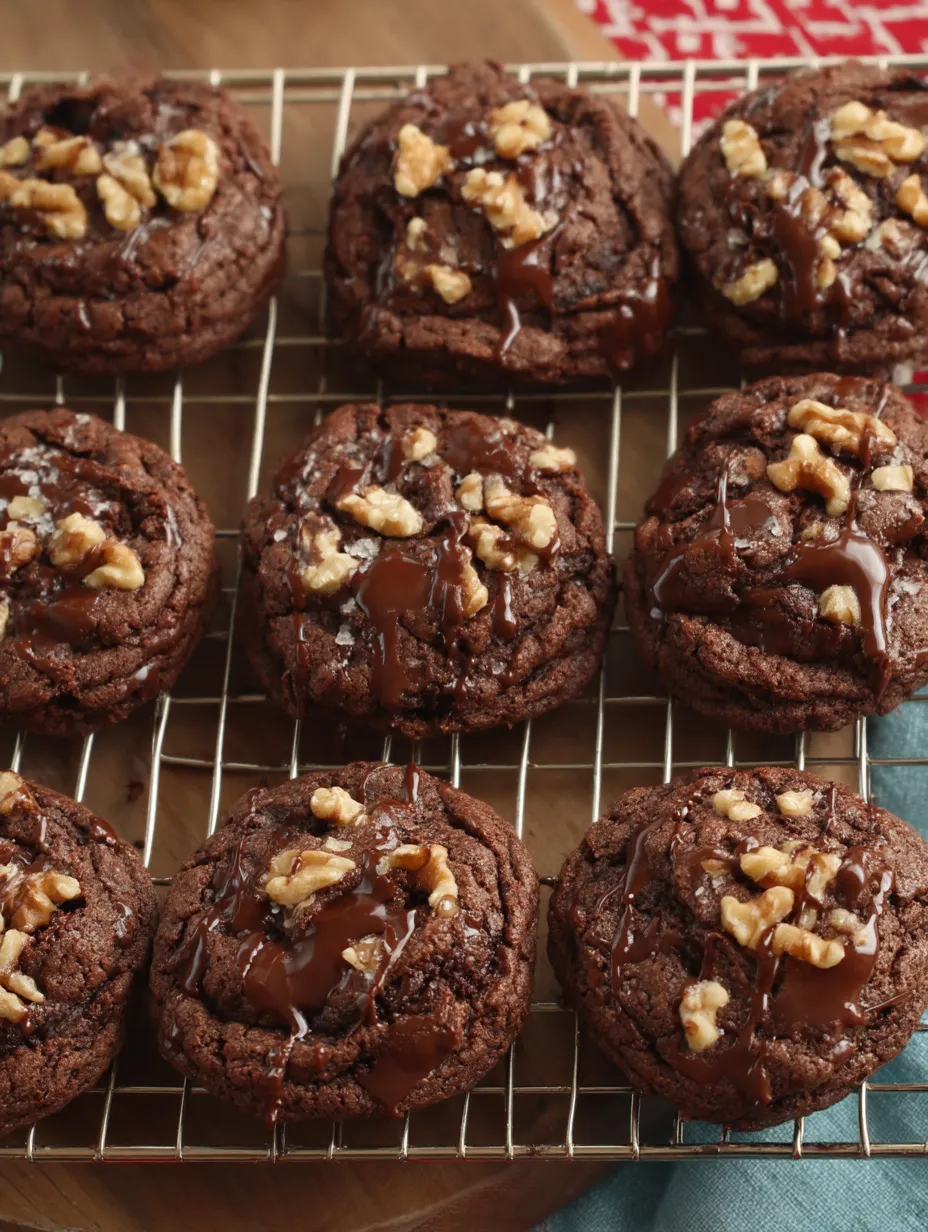 A tray of chocolate cookies with walnuts.