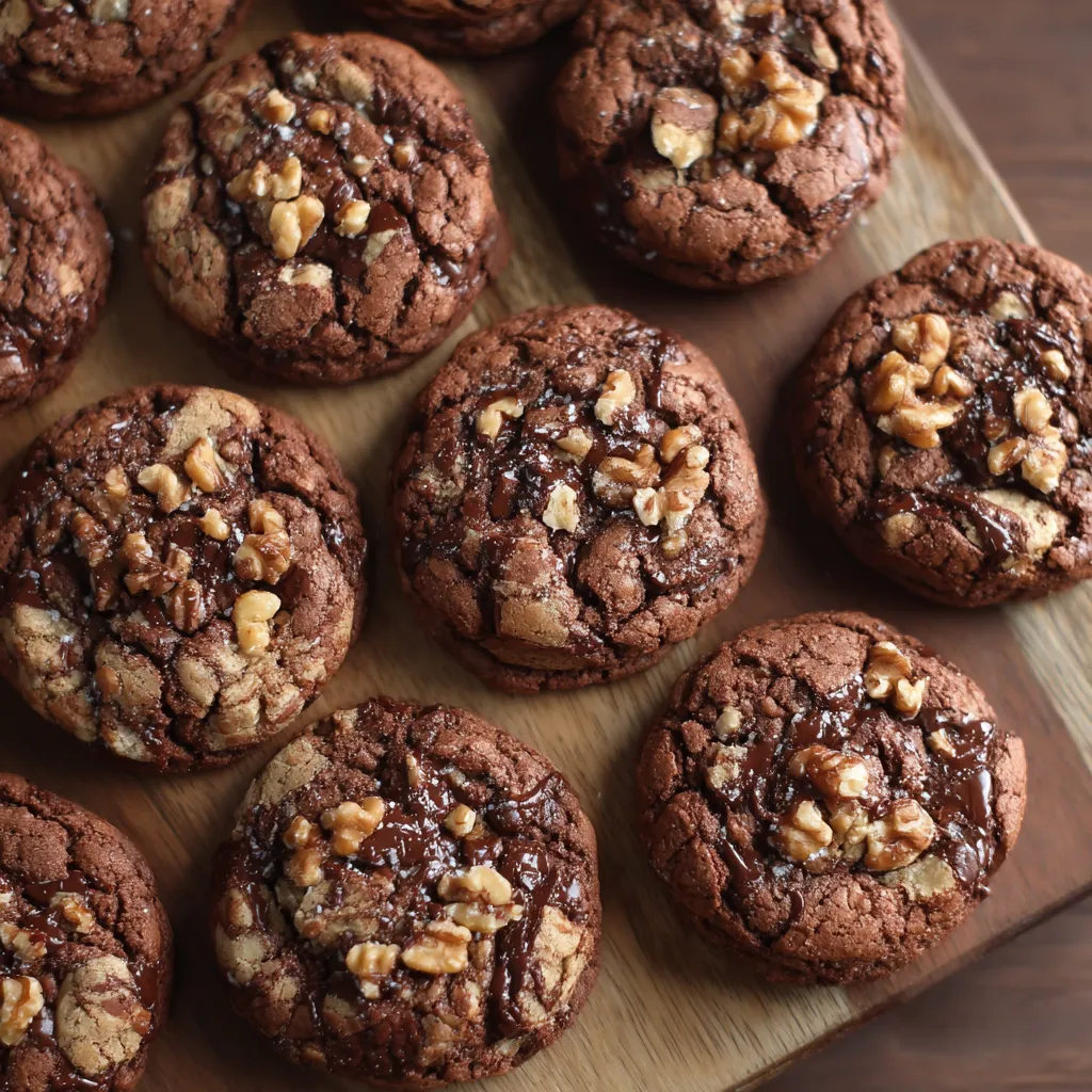 A plate of chocolate cookies with nuts.