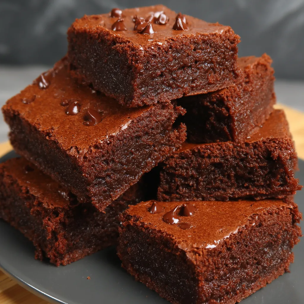 A stack of chocolate cake on a plate.