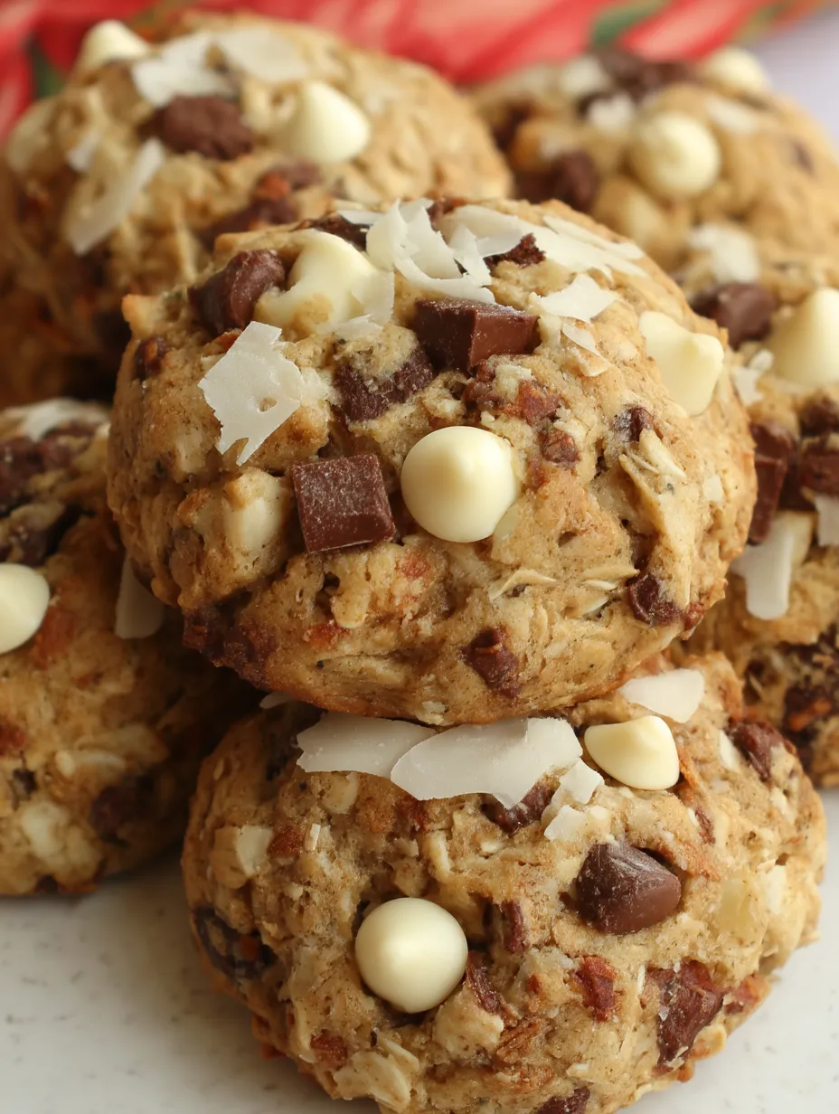 A stack of cookies with white chocolate chips.