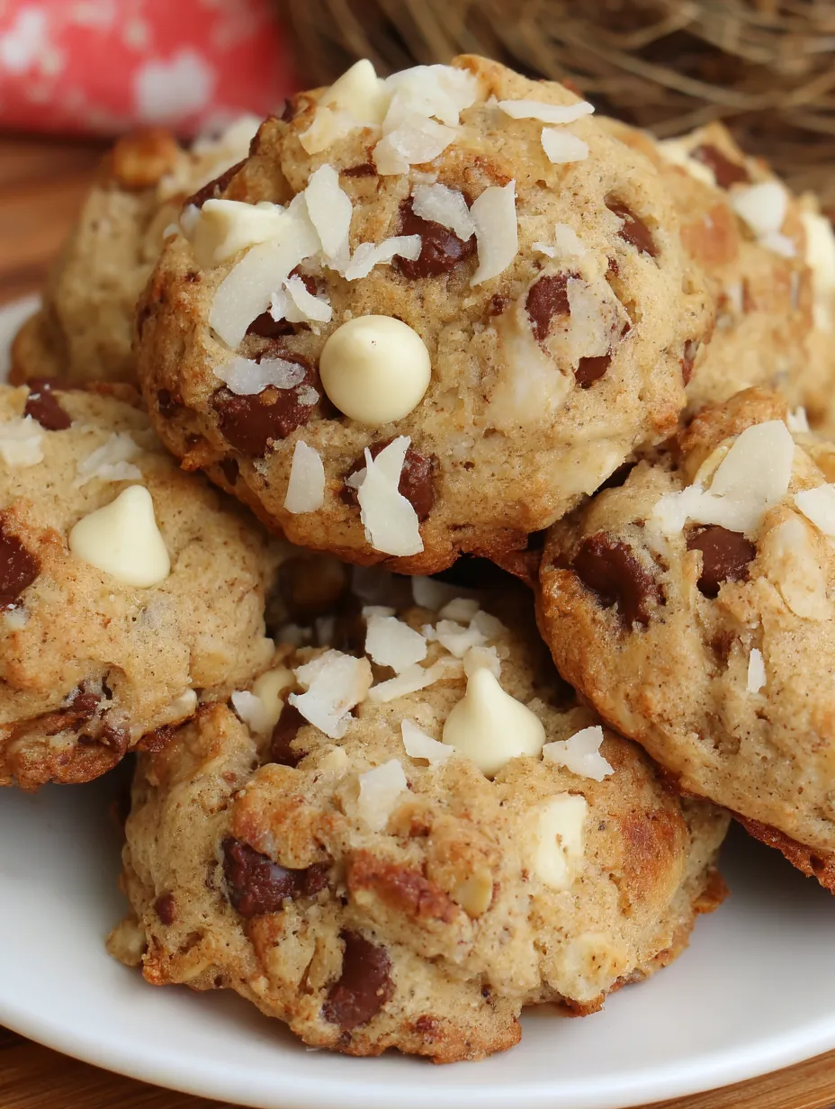 A stack of cookies with white chocolate chips.