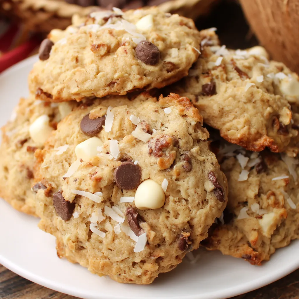 A plate of cookies with chocolate chips and coconut.