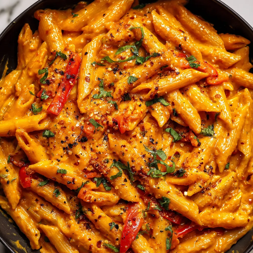 A bowl of pasta with red peppers.