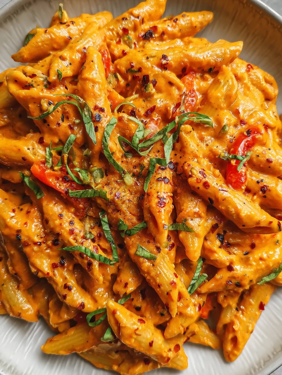 A plate of pasta with tomatoes and basil.