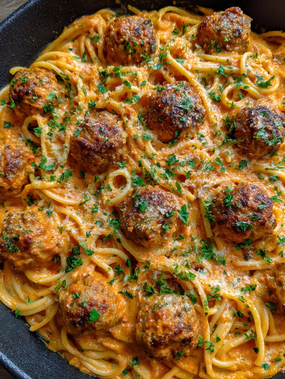 A bowl of spaghetti with meatballs and herbs.