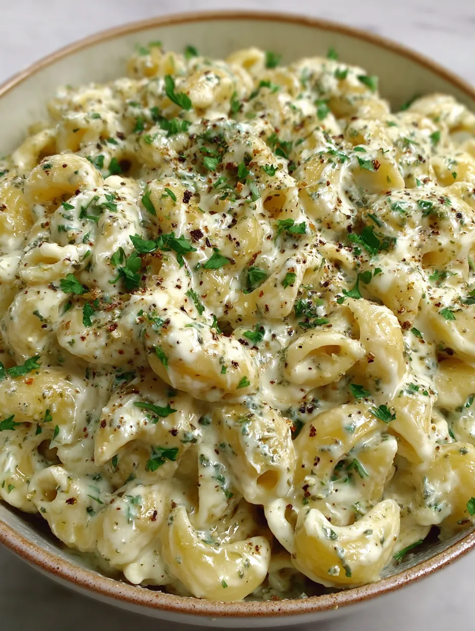 A bowl of pasta with cheese and herbs.