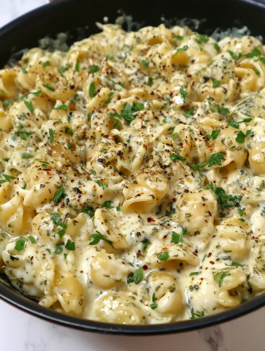 A bowl of pasta with cheese and herbs.