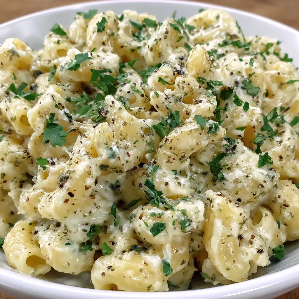 A bowl of pasta with herbs.