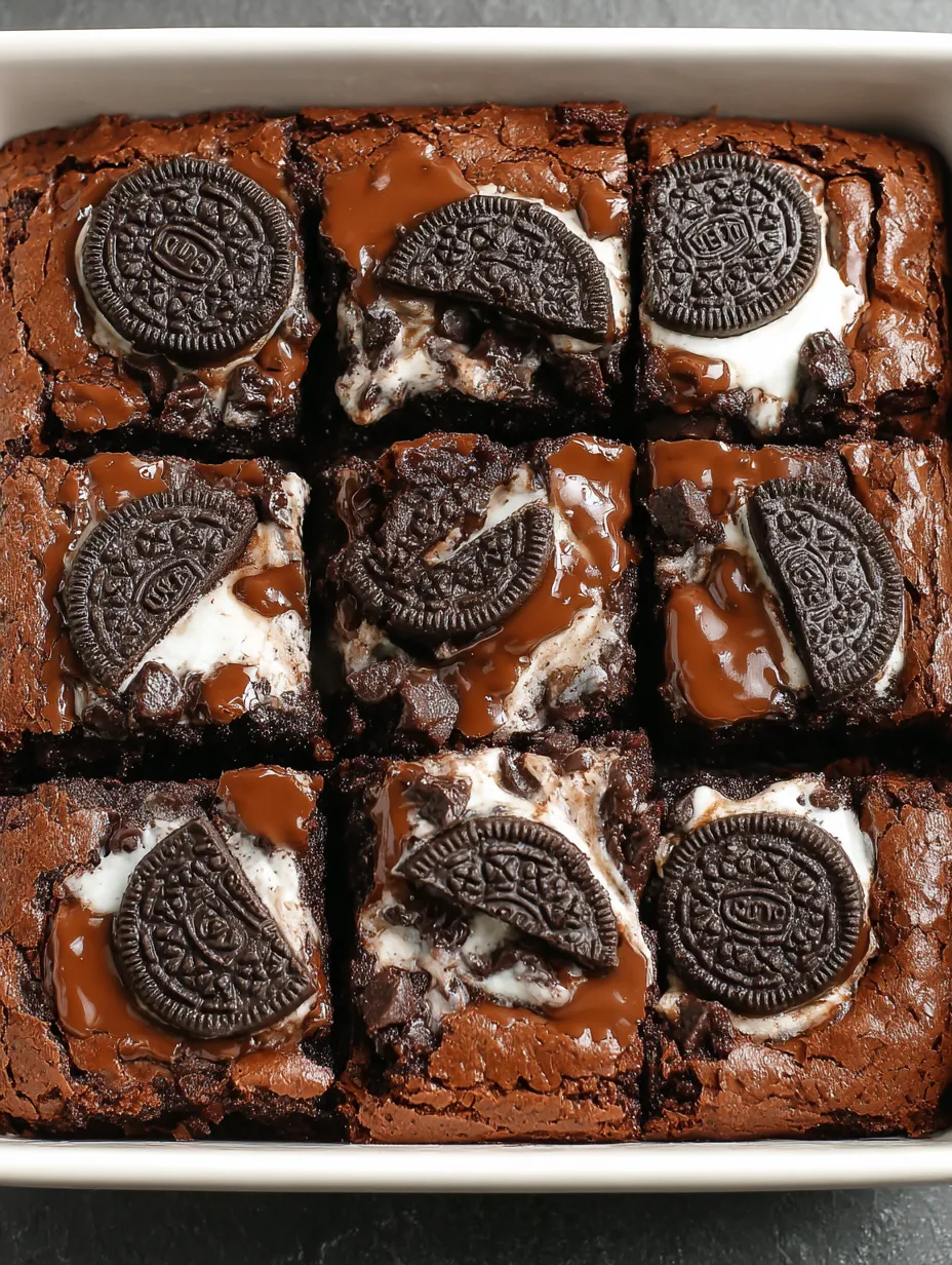A chocolate brownie with white icing and chocolate drizzle.