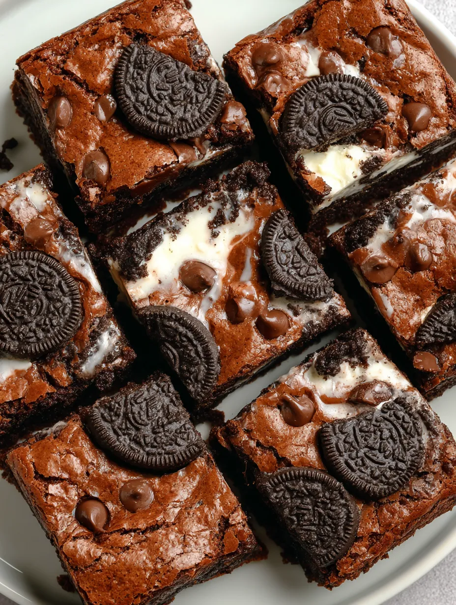 A close up of a chocolate brownie with chocolate chips and Oreo cookies on top.