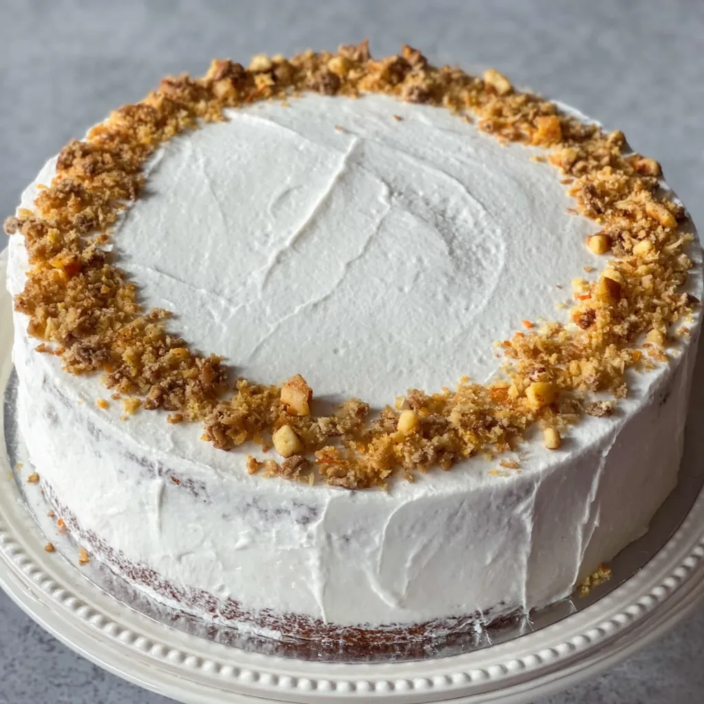 A cake with white frosting and nuts on top.