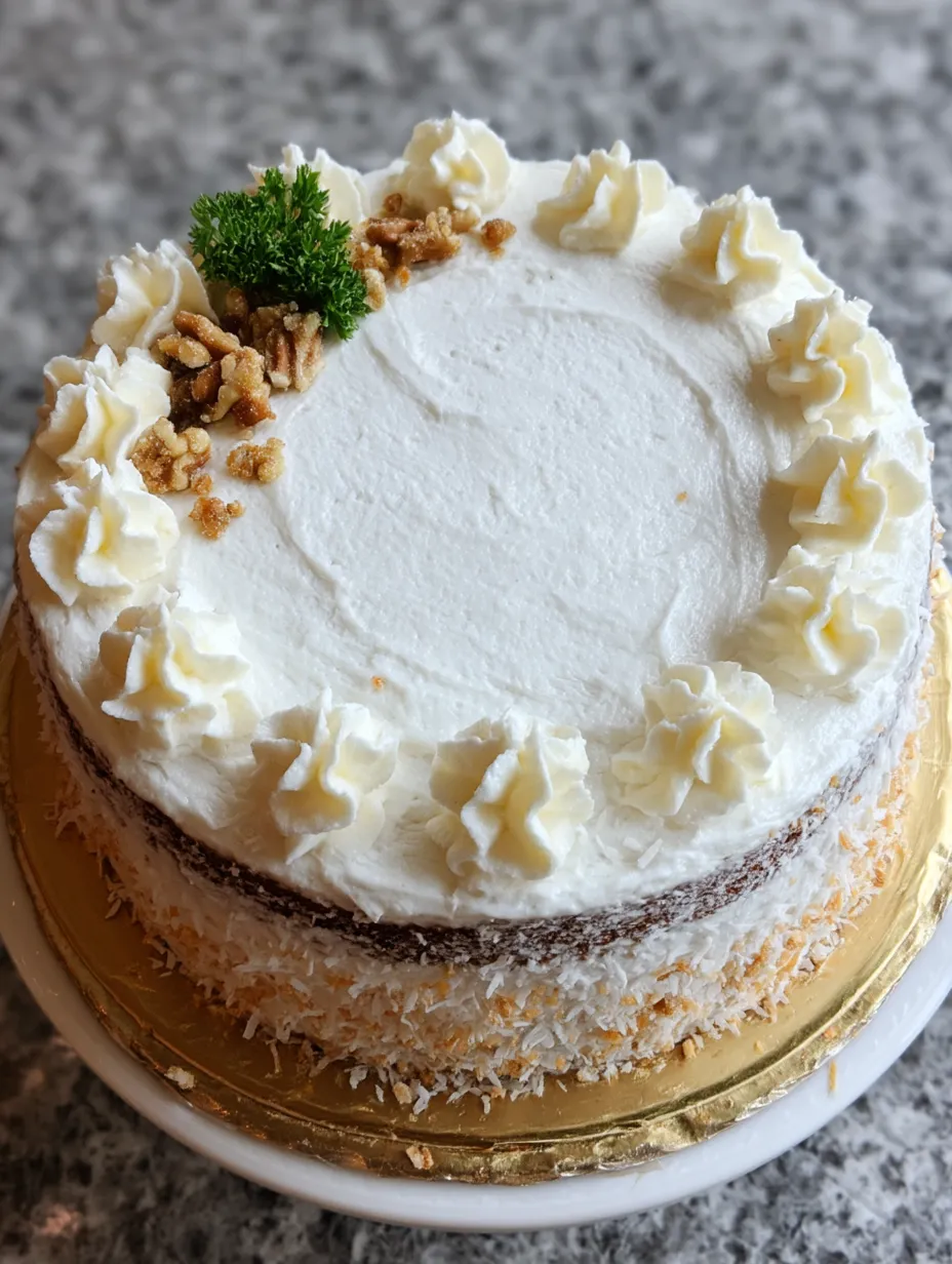 A cake with white frosting and nuts on top.