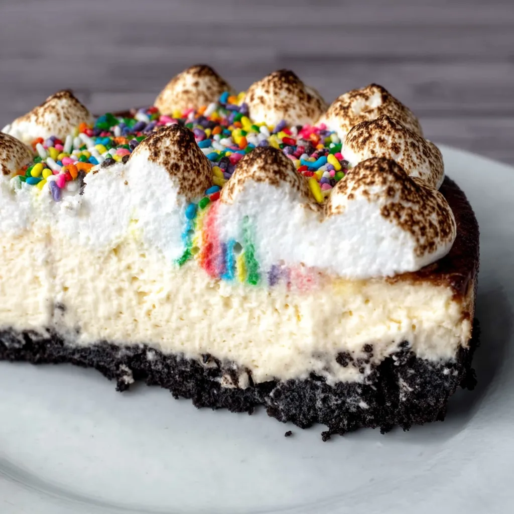 A slice of cake with white icing and rainbow sprinkles.