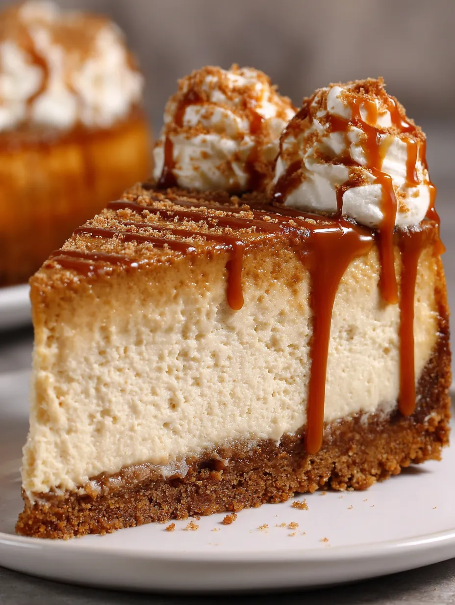 A slice of cheesecake with caramel drizzle.