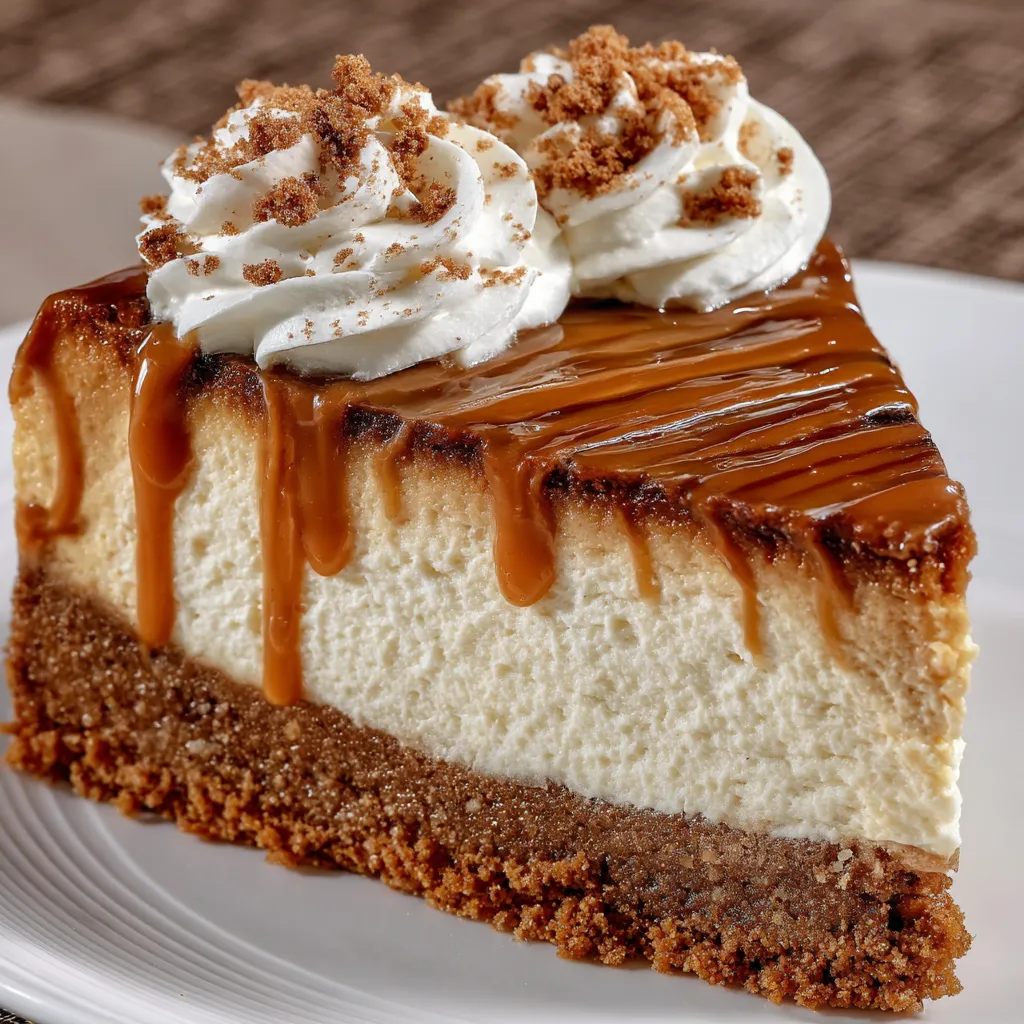 A slice of cheesecake with caramel drizzle.