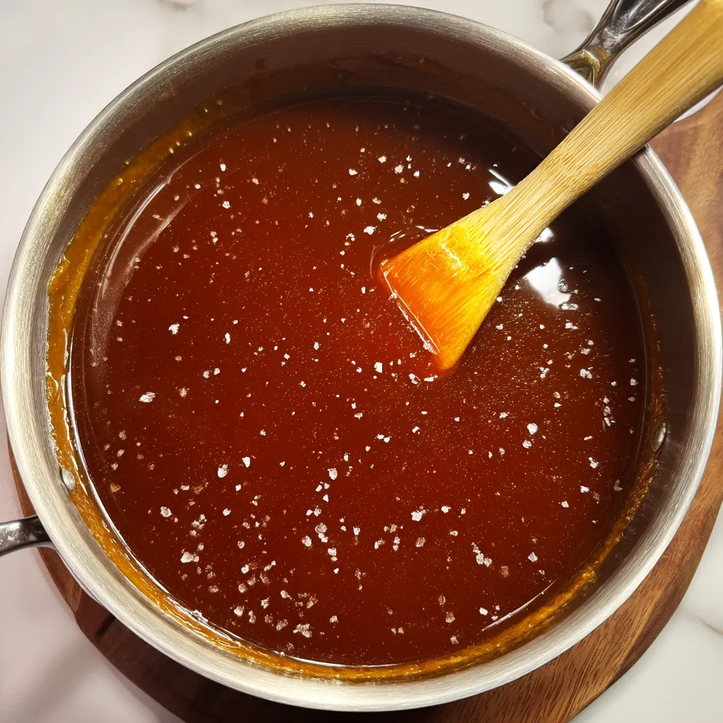 A wooden spoon is stirring a pot of sauce.