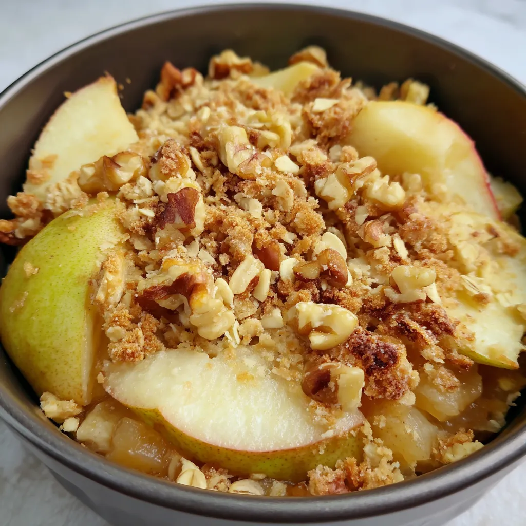A bowl of food with a slice of apple.