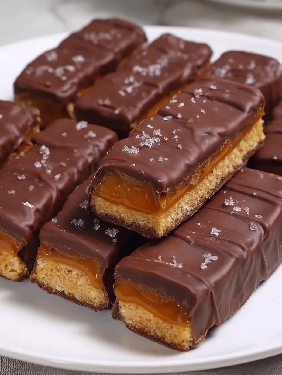 A plate of chocolate covered caramel bars.