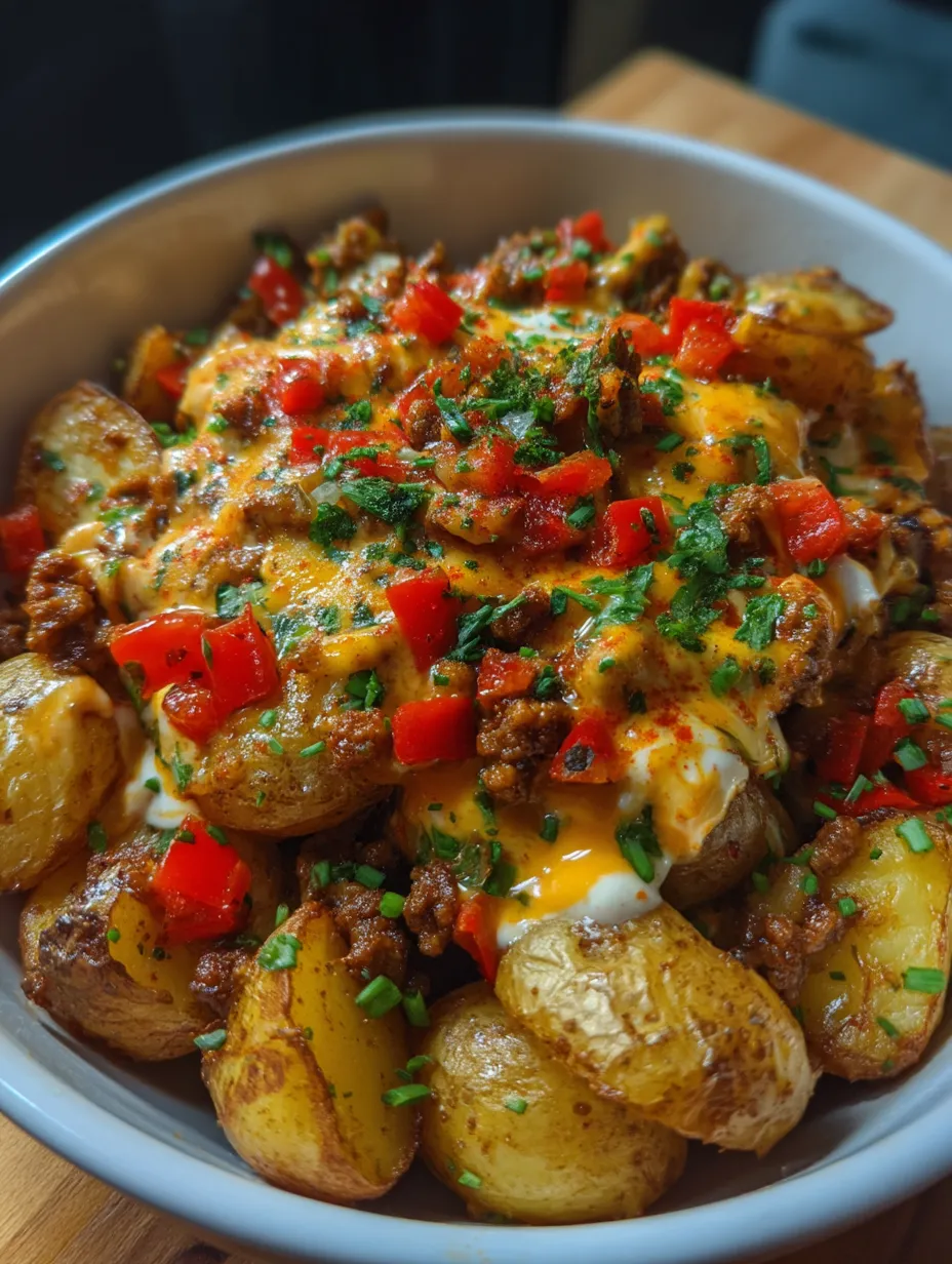 A bowl of food with potatoes and meat.