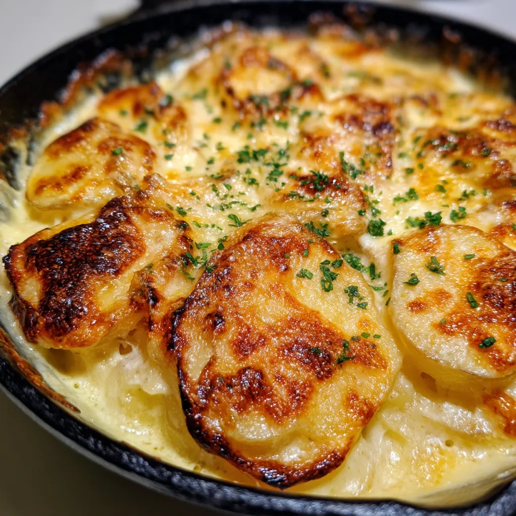 A delicious looking cheese and potato dish.