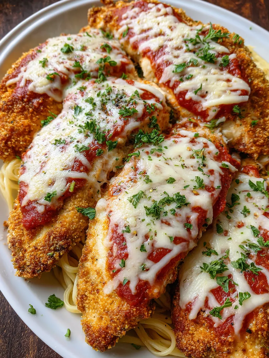 A plate of chicken with cheese and sauce.