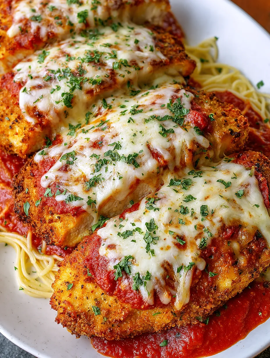 A plate of chicken with cheese and pasta.