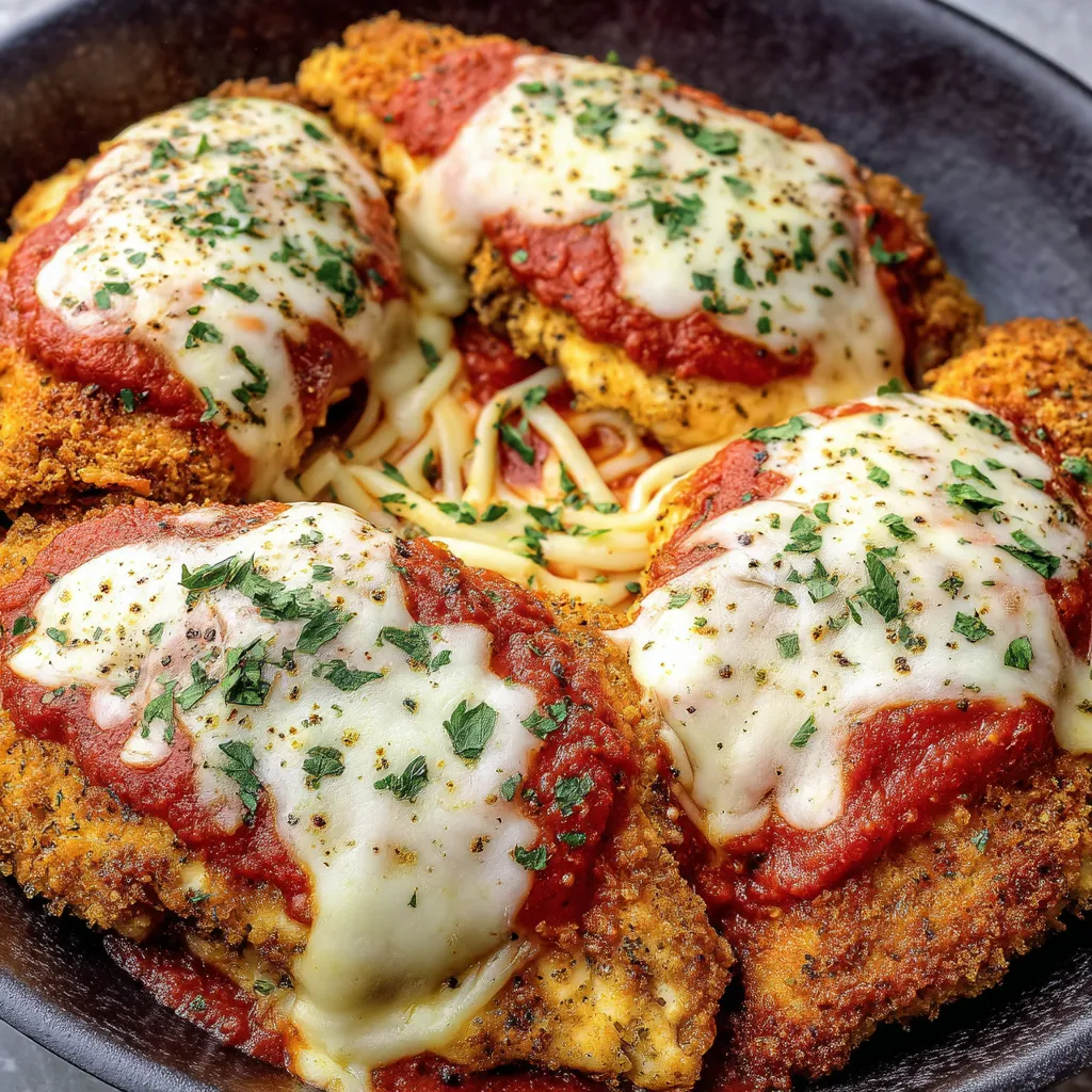 A plate of chicken with cheese and spaghetti on top.