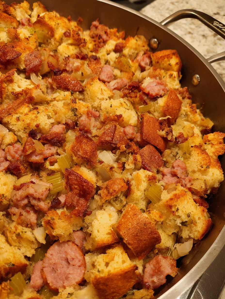 A pan of food with a slice of ham.