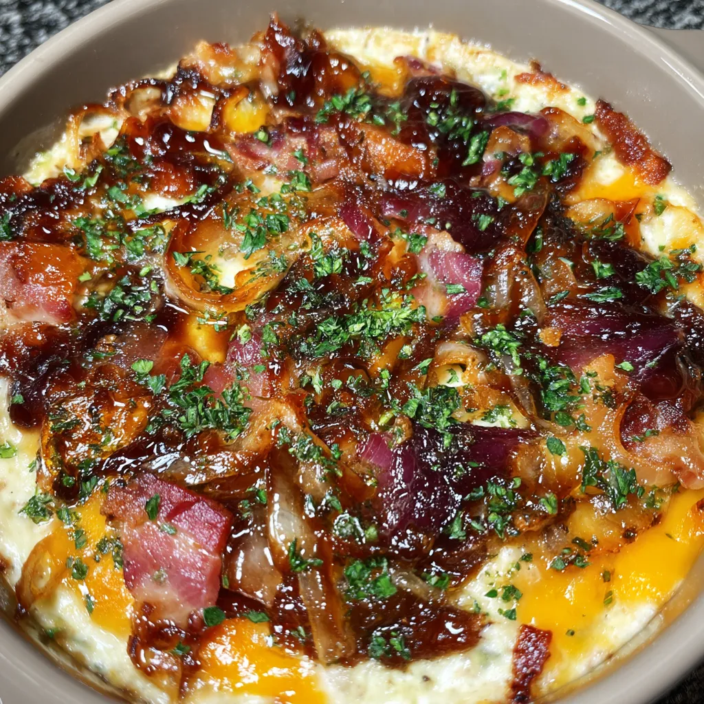 A bowl of food with onions and bacon.