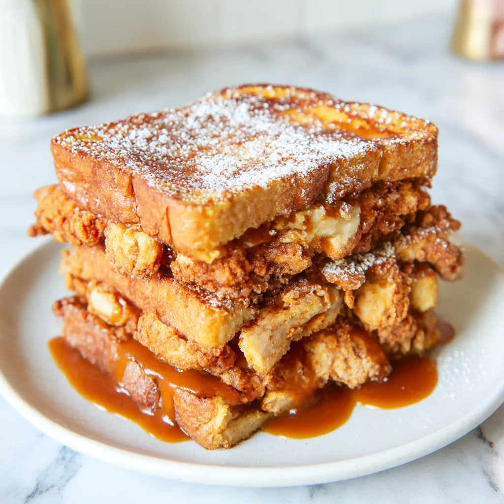 French toast chicken sandwich with crispy fried chicken and sauce