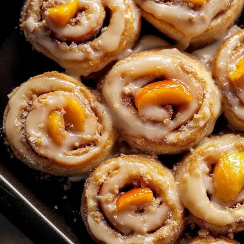 Close-up of warm, glazed cinnamon rolls with sliced peaches on top.